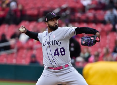 May 9, 2021; St. Louis, Missouri, USA; Colorado Rockies starting pitcher German Marquez (48) pitches during the first inning against the St. Louis Cardinals at Busch Stadium. Mandatory Credit: Jeff Curry-USA TODAY Sports