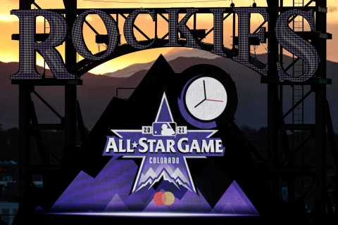 May 13, 2021; Denver, Colorado, USA; Logos for the 2021 MLB All-Star Game are on display during the fourth inning of the game between the Colorado Rockies and the Cincinnati Reds at Coors Field. Mandatory Credit: Isaiah J. Downing-USA TODAY Sports