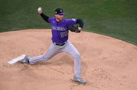 May 17, 2021; San Diego, California, USA; Colorado Rockies starting pitcher Jon Gray (55) pitches against the San Diego Padres during the first inning at Petco Park. Mandatory Credit: Orlando Ramirez-USA TODAY Sports