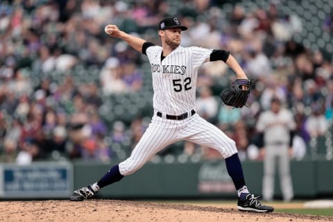 May 22, 2021; Denver, Colorado, USA; Colorado Rockies relief pitcher Daniel Bard (52) pitches in the ninth inning against the Arizona Diamondbacks at Coors Field. Mandatory Credit: Isaiah J. Downing-USA TODAY Sports