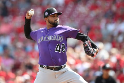 Jun 12, 2021; Cincinnati, Ohio, USA; Colorado Rockies starting pitcher German Marquez (48) throws a pitch during the first inning against the Cincinnati Reds at Great American Ball Park. Mandatory Credit: Jordan Prather-USA TODAY Sports