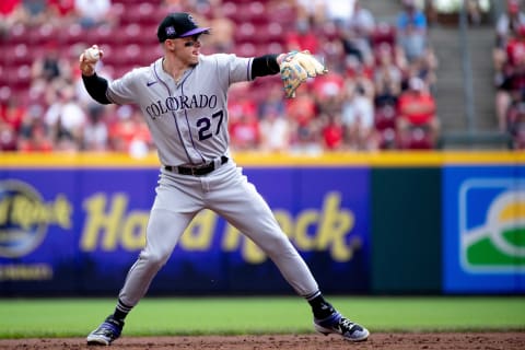 Colorado Rockies shortstop Trevor Story (27) throws to first for an out in the second inning of the MLB game between Cincinnati Reds and Colorado Rockies at Great American Ball Park on Sunday, June 13, 2021, in downtown Cincinnati.Cincinnati Reds Colorado Rockies. Cincinnati Enquirer.