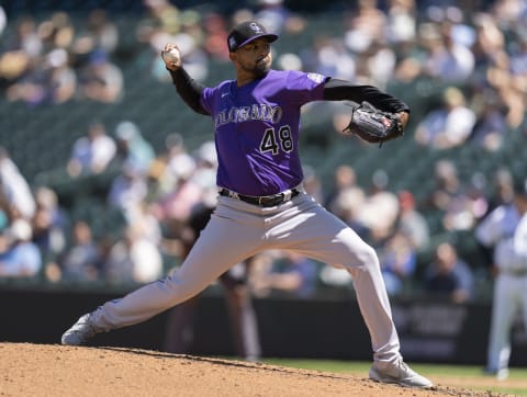 Jun 23, 2021; Seattle, Washington, USA; Colorado Rockies starter German Marquez (48) delivers a pitch during the fourth inning of a game against the Seattle Mariners at T-Mobile Park. Mandatory Credit: Stephen Brashear-USA TODAY Sports