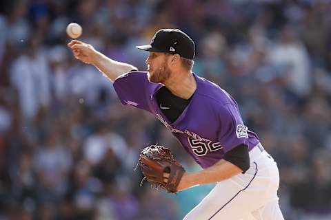 Jun 28, 2021; Denver, Colorado, USA; Colorado Rockies relief pitcher Daniel Bard (52) pitches in the ninth inning against the Pittsburgh Pirates at Coors Field. Mandatory Credit: Isaiah J. Downing-USA TODAY Sports