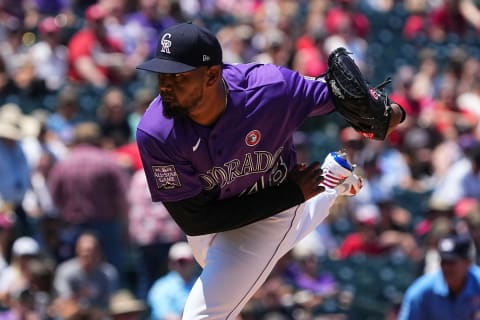 Jul 4, 2021; Denver, Colorado, USA; Colorado Rockies starting pitcher German Marquez (48) delivers a pitch in the first inning against the St. Louis Cardinals at Coors Field. Mandatory Credit: Ron Chenoy-USA TODAY Sports