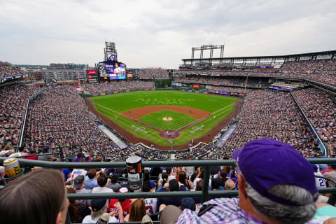 Jul 13, 2021; Denver, Colorado, USA; A general view of Coors Field as American League starting pitcher Shohei Ohtani of the Los Angeles Angels (17) pitches to National League third baseman Nolan Arenado of the St. Louis Cardinals (28) during the first inning during the 2021 MLB All Star Game at Coors Field. Mandatory Credit: Ron Chenoy-USA TODAY Sports