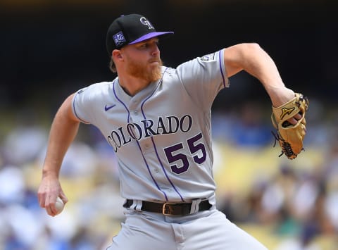 Jul 25, 2021; Los Angeles, California, USA; Colorado Rockies starting pitcher Jon Gray (55) pitches in the first inning of the game against the Los Angeles Dodgers at Dodger Stadium. Mandatory Credit: Jayne Kamin-Oncea-USA TODAY Sports