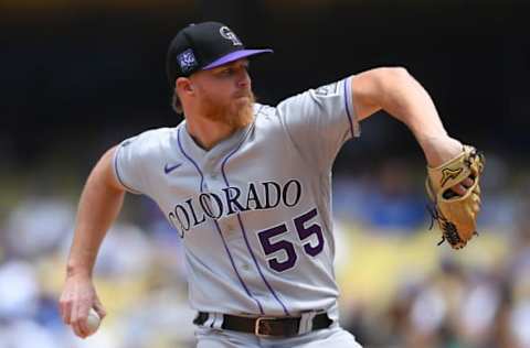 Jul 25, 2021; Los Angeles, California, USA; Colorado Rockies starting pitcher Jon Gray (55) pitches in the first inning of the game against the Los Angeles Dodgers at Dodger Stadium. Mandatory Credit: Jayne Kamin-Oncea-USA TODAY Sports