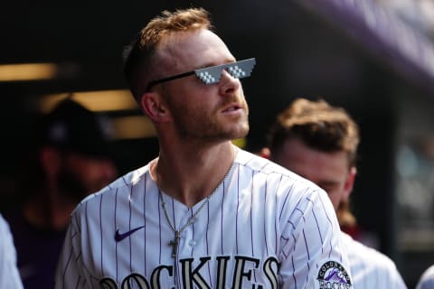 Aug 5, 2021; Denver, Colorado, USA; Colorado Rockies shortstop Trevor Story (27) reacts after hitting a two run home run against the Chicago Cubs in the fifth inning at Coors Field. Mandatory Credit: Ron Chenoy-USA TODAY Sports