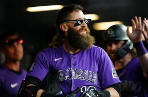 Aug 6, 2021; Denver, Colorado, USA; Colorado Rockies right fielder Charlie Blackmon (19) celebrates his two run home run during the fourth inning against the against the Miami Marlins at Coors Field. Mandatory Credit: Ron Chenoy-USA TODAY Sports