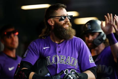 Aug 6, 2021; Denver, Colorado, USA; Colorado Rockies right fielder Charlie Blackmon (19) celebrates his two-run home run during the fourth inning against the Miami Marlins at Coors Field. Mandatory Credit: Ron Chenoy-USA TODAY Sports