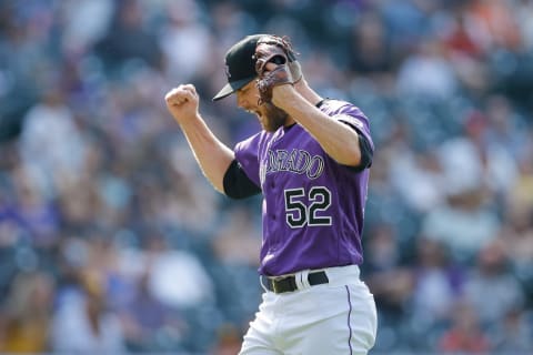 Aug 18, 2021; Denver, Colorado, USA; Colorado Rockies relief pitcher Daniel Bard (52) reacts after a game against the San Diego Padres at Coors Field. Mandatory Credit: Isaiah J. Downing-USA TODAY Sports