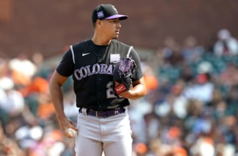 Aug 15, 2021; San Francisco, California, USA; Colorado Rockies relief pitcher Robert Stephenson (29) stands on the mound during the seventh inning against the San Francisco Giants at Oracle Park. Mandatory Credit: Darren Yamashita-USA TODAY Sports