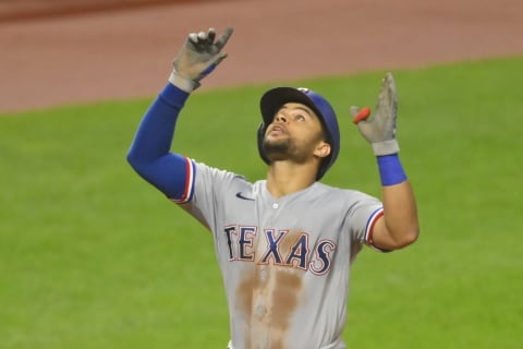 Aug 25, 2021; Cleveland, Ohio, USA; Texas Rangers left fielder Jason Martin (50) celebrates his two-run home run in the sixth inning against the Cleveland Indians at Progressive Field. Mandatory Credit: David Richard-USA TODAY Sports