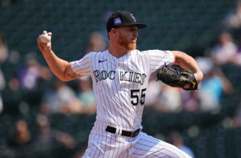 Sep 8, 2021; Denver, Colorado, USA; Colorado Rockies starting pitcher John Gray (55) delivers a pitch in the first inning against the San Francisco Giants at Coors Field. Mandatory Credit: Ron Chenoy-USA TODAY Sports