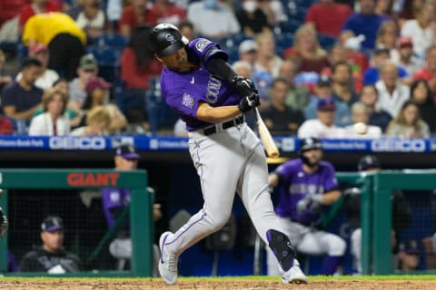 Sep 9, 2021; Philadelphia, Pennsylvania, USA; Colorado Rockies third baseman Colton Welker (4) hits a RBI single against the Philadelphia Phillies during the fourth inning at Citizens Bank Park. Mandatory Credit: Bill Streicher-USA TODAY Sports