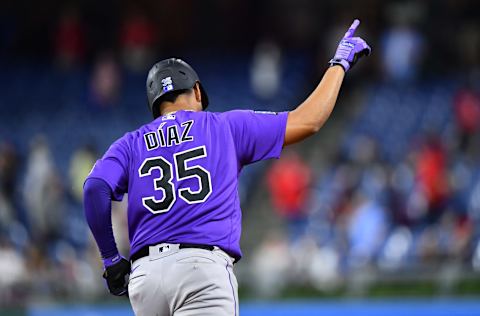 Sep 10, 2021; Philadelphia, Pennsylvania, USA; Colorado Rockies catcher Elias Diaz (35) reacts as he rounds the bases after hitting a grand slam in the ninth inning against the Philadelphia Phillies at Citizens Bank Park. Mandatory Credit: Kyle Ross-USA TODAY Sports