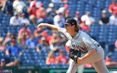 Sep 12, 2021; Philadelphia, Pennsylvania, USA; Colorado Rockies relief pitcher Ryan Feltner (18) throws a pitch during the second inning against the Philadelphia Phillies at Citizens Bank Park. Mandatory Credit: Eric Hartline-USA TODAY Sports