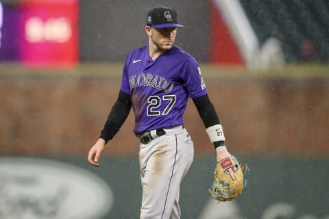 Sep 15, 2021; Atlanta, Georgia, USA; Colorado Rockies shortstop Trevor Story (27) looks on in the second inning against the Atlanta Braves at Truist Park. Mandatory Credit: Brett Davis-USA TODAY Sports