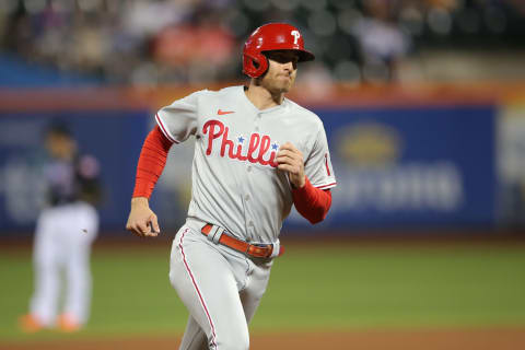 Sep 17, 2021; New York City, New York, USA; Philadelphia Phillies first baseman Brad Miller (13) rounds the bases after hitting a solo home run against the New York Mets during the fifth inning at Citi Field. Mandatory Credit: Brad Penner-USA TODAY Sports