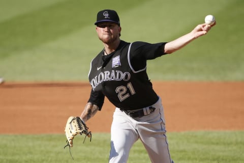 Sep 18, 2021; Washington, District of Columbia, USA; Colorado Rockies starting pitcher Kyle Freeland (21) throws the ball in the first inning against the Washington Nationals at Nationals Park. Mandatory Credit: Amber Searls-USA TODAY Sports