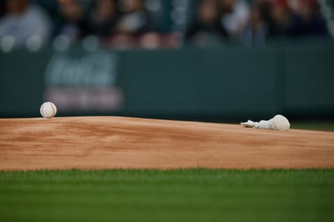 Sep 21, 2021; Denver, Colorado, USA; A general view of the game ball and rosin bag on the mound before the game between the Colorado Rockies and the Los Angeles Dodgers at Coors Field. Mandatory Credit: Isaiah J. Downing-USA TODAY Sports