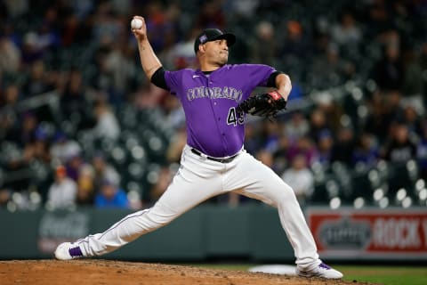 Sep 21, 2021; Denver, Colorado, USA; Colorado Rockies pitcher Jhoulys Chacin (43) throws against the Los Angeles Dodgers in the tenth inning at Coors Field. Mandatory Credit: Isaiah J. Downing-USA TODAY Sports