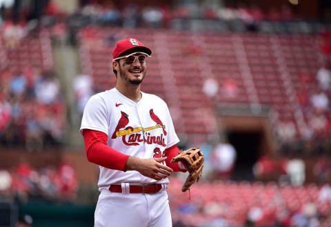 Sep 30, 2021; St. Louis, Missouri, USA; St. Louis Cardinals third baseman Nolan Arenado (28) looks on during the third inning against the Milwaukee Brewers at Busch Stadium. Mandatory Credit: Jeff Curry-USA TODAY Sports