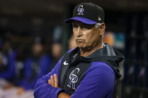 Apr 23, 2022; Detroit, Michigan, USA; Colorado Rockies manager Bud Black (10) looks on from the dugout during the ninth inning against the Detroit Tigers at Comerica Park. Mandatory Credit: Raj Mehta-USA TODAY Sports