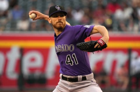 May 6, 2022; Phoenix, Arizona, USA; Colorado Rockies starting pitcher Chad Kuhl (41) pitches against the Arizona Diamondbacks during the first inning at Chase Field. Mandatory Credit: Joe Camporeale-USA TODAY Sports