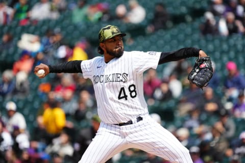 May 21, 2022; Denver, Colorado, USA; Colorado Rockies starting pitcher German Marquez (48) delivers a pitch the fourth inning against the New York Mets at Coors Field. Mandatory Credit: Ron Chenoy-USA TODAY Sports