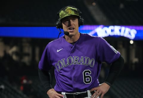 May 21, 2022; Denver, Colorado, USA; Colorado Rockies catcher Brian Serven (6) reacts after defeating the New York Mets at Coors Field. Mandatory Credit: Ron Chenoy-USA TODAY Sports