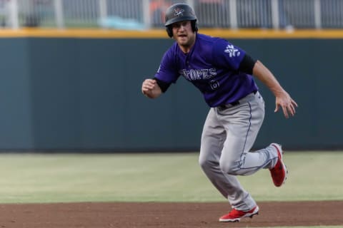 The Albuquerque Isotopes’ Scott Schebler (8) runs to third as they face the El Paso Chihuahuas Friday, June 10, 2022, at Southwest University Park in El Paso, Texas.