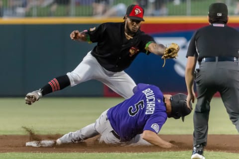 The Albuquerque Isotopes’ Sean Bouchard (5) runs to second as they face the El Paso Chihuahuas Friday, June 10, 2022, at Southwest University Park in El Paso, Texas.