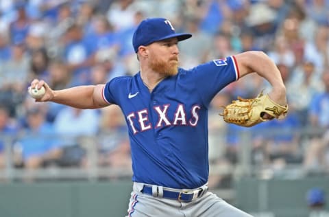 Jun 28, 2022; Kansas City, Missouri, USA; Texas Rangers starting pitcher Jon Gray (22) delivers a pitch during the first inning against the Kansas City Royals at Kauffman Stadium. Mandatory Credit: Peter Aiken-USA TODAY Sports