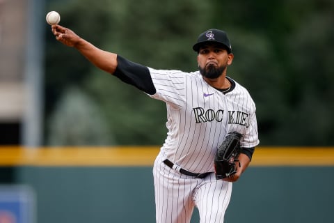 Jun 29, 2022; Denver, Colorado, USA; Colorado Rockies starting pitcher German Marquez (48) pitches in the first inning against the Los Angeles Dodgers at Coors Field. Mandatory Credit: Isaiah J. Downing-USA TODAY Sports