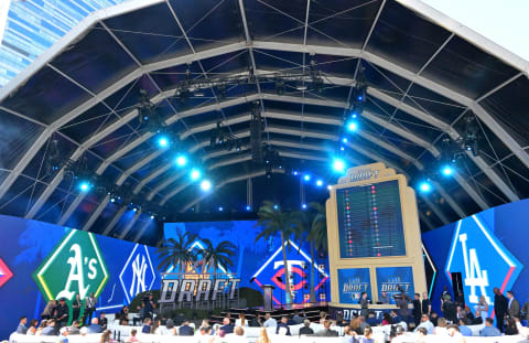 Jul 17, 2022; Los Angeles, CA, USA; The MLB draft stage at XBox Plaza at LA Live. Mandatory Credit: Jayne Kamin-Oncea-USA TODAY Sports