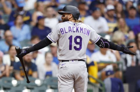 Jul 25, 2022; Milwaukee, Wisconsin, USA; Colorado Rockies designated hitter Charlie Blackmon (19) reacts after striking out during the third inning against the Milwaukee Brewers at American Family Field. Mandatory Credit: Jeff Hanisch-USA TODAY Sports