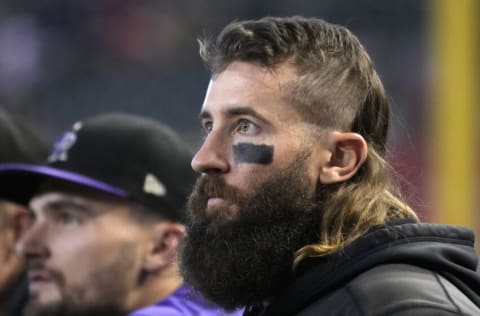 Aug 7, 2022; Phoenix, Arizona, USA; Colorado Rockies Charlie Blackmon (19) gets ready to pinch hit against the Arizona Diamondbacks in the eighth inning at Chase Field. Mandatory Credit: Rick Scuteri-USA TODAY Sports