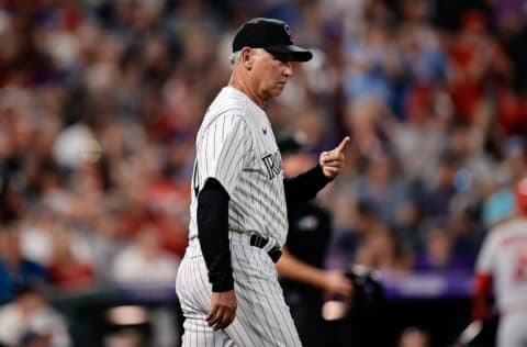 Aug 10, 2022; Denver, Colorado, USA; Colorado Rockies manager Bud Black (10) motions to the bullpen in the fifth inning against the St. Louis Cardinals at Coors Field. Mandatory Credit: Isaiah J. Downing-USA TODAY Sports