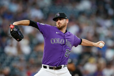 Jun 14, 2021; Denver, Colorado, USA; Colorado Rockies starting pitcher Austin Gomber (26) pitches in the sixth inning against the San Diego Padres at Coors Field. Mandatory Credit: Isaiah J. Downing-USA TODAY Sports