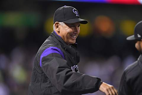 Apr 8, 2017; Denver, CO, USA; Colorado Rockies manager Bud Black (10) celebrates a win over the Los Angeles Dodgers at Coors Field. The Rockies defeated the Dodgers 4-2. The Mandatory Credit: Ron Chenoy-USA TODAY Sports