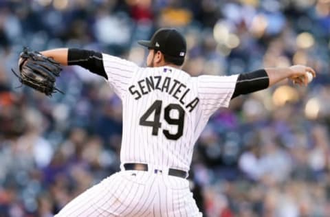 Apr 22, 2017; Denver, CO, USA; Colorado Rockies starting pitcher Antonio Senzatela (49) delivers a pitch in the first inning against the San Francisco Giants at Coors Field. Mandatory Credit: Isaiah J. Downing-USA TODAY Sports