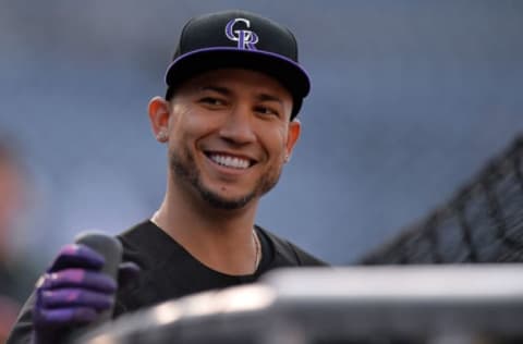 May 2, 2017; San Diego, CA, USA; Colorado Rockies right fielder Carlos Gonzalez (5) smiles before the game against the San Diego Padres at Petco Park. Mandatory Credit: Jake Roth-USA TODAY Sports