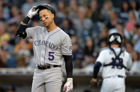 May 2, 2017; San Diego, CA, USA; Colorado Rockies right fielder Carlos Gonzalez (5) reacts after striking out during the first inning against the San Diego Padres at Petco Park. Mandatory Credit: Jake Roth-USA TODAY Sports