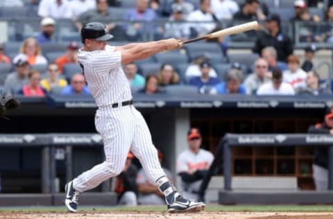 Apr 30, 2017; Bronx, NY, USA; New York Yankees left fielder Matt Holliday (17) in action against the Baltimore Orioles at Yankee Stadium. Mandatory Credit: Brad Penner-USA TODAY Sports