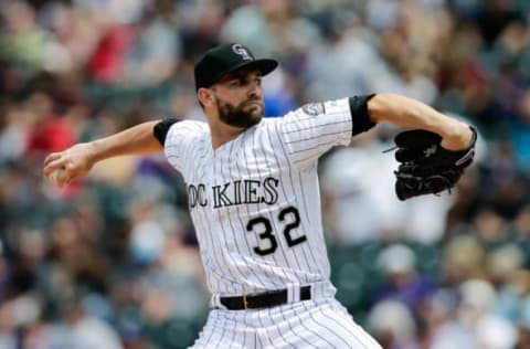 May 7, 2017; Denver, CO, USA; Colorado Rockies starting pitcher Tyler Chatwood (32) delivers a pitch in the first inning against the Arizona Diamondbacks at Coors Field. Mandatory Credit: Isaiah J. Downing-USA TODAY Sports