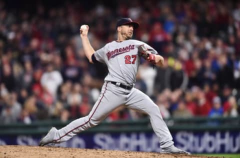 May 12, 2017; Cleveland, OH, USA; Minnesota Twins relief pitcher Brandon Kintzler (27) throws a pitch during the ninth inning against the Cleveland Indians at Progressive Field. Mandatory Credit: Ken Blaze-USA TODAY Sports