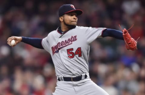 May 12, 2017; Cleveland, OH, USA; Minnesota Twins starting pitcher Ervin Santana (54) throws a pitch during the sixth inning against the Cleveland Indians at Progressive Field. Mandatory Credit: Ken Blaze-USA TODAY Sports