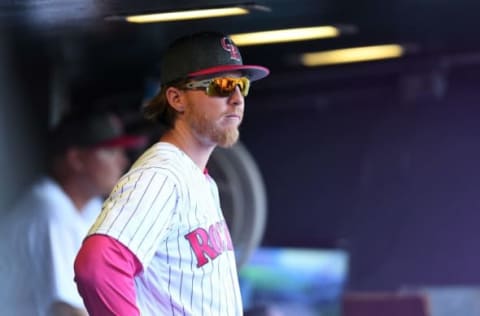 May 13, 2017; Denver, CO, USA; Colorado Rockies starting pitcher Jon Gray (55) in the dugout fifth inning against the Los Angeles Dodgers at Coors Field. Mandatory Credit: Ron Chenoy-USA TODAY Sports